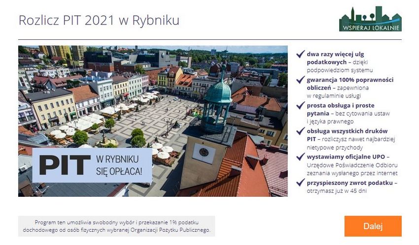Grafika informacyjna o programie do rozliczania podatków. Rynek w Rybniku, obok tekst na temat korzyści z programu. 