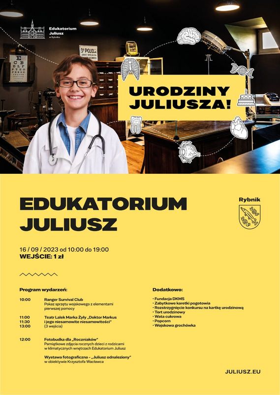 Plakat promujący wydarzenie z okazji pierwszych urodzin Edukatorim Juliusz. 