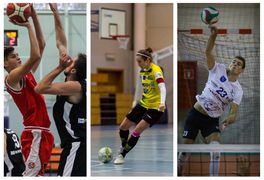 Kolaż 3 zdjęć przedstawiających osoby uprawiające różne sporty: koszykówkę, piłkę nożną halową i siatkówkę. 