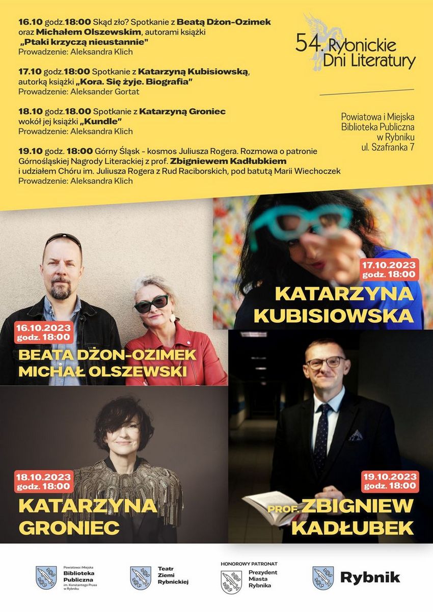 Plakat wydarzenia w ramach Rybnickich Dni Literatury 2023 