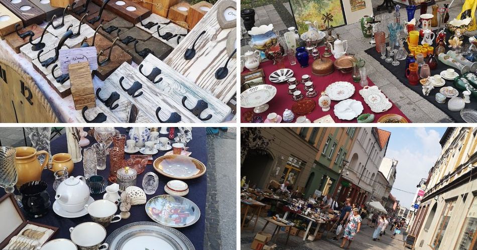Baner przedstawia 4 zdjęcia - wyroby drewniane, porcelana i patery, widok ulicy podczas jarmarku.