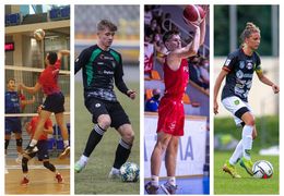 Kolaż czterech zdjęć sportowców: siatkarz, piłkarz nożny, koszykarz, piłkarka nożna. 