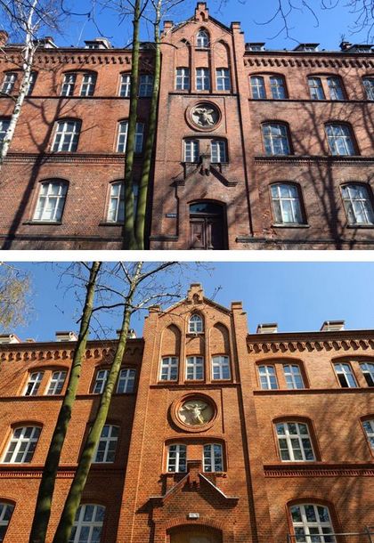 Ceglany budynek dawnego szpitala - zestawienie dwóch zdjęć: kiedyś i dziś 