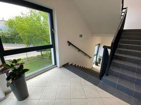 Klatka schodowa, jasne wnętrza, ciemne schody, duże okno z widokiem na zieleń.