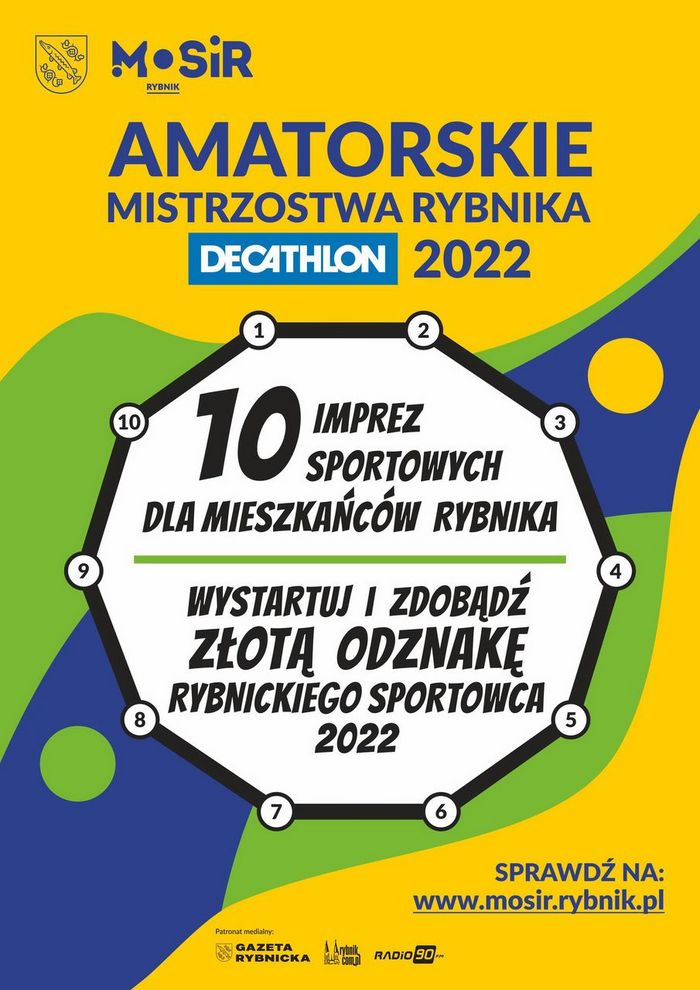 Plakat z żółoto-zieolo-niebieską grafiką, informujący o Amatorskich Mistrzostwach Rybnika Decathlon