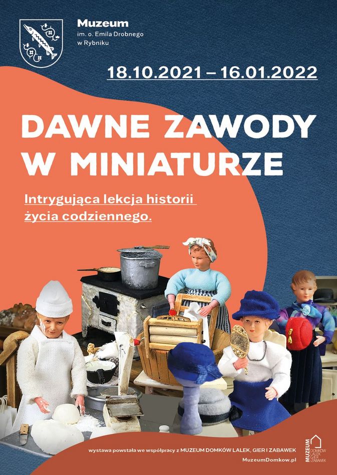 Afisz - fotomontarz elementów dioram przedstawiający miniatury rzemieślników