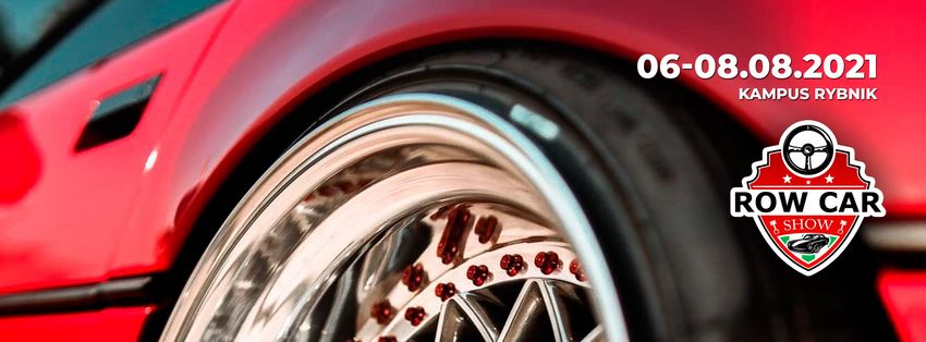 Fragment czerwonego sportowego samochodu, na tym informacja o wydarzeniu dla miłośników samochodów ROW car show