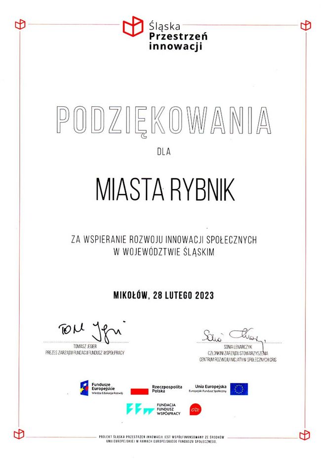 Dyplom - podziękowanie dla Rybnika Śląskiej Przestrzeni Innowacji 