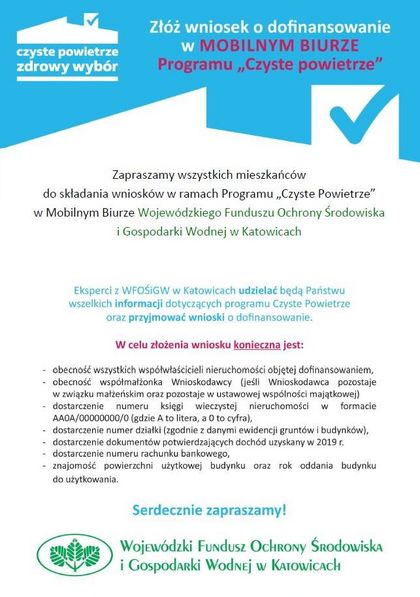 Plakat mobilnego biura programu czyste powietrze. Treść w tekście poniżej. 