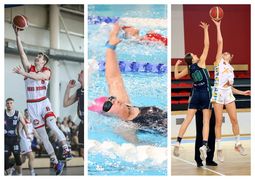 Kolaż trzech zdjęć przedstawiających sportowców uprawiających koszykówkę i pływanie