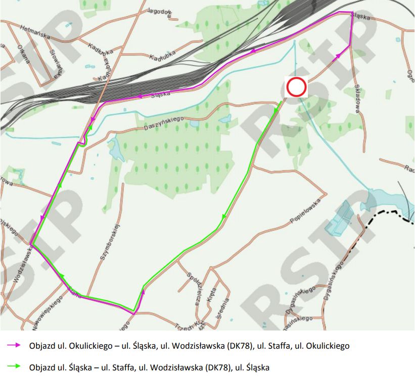 Objazd ul. Okulickiego - mapa