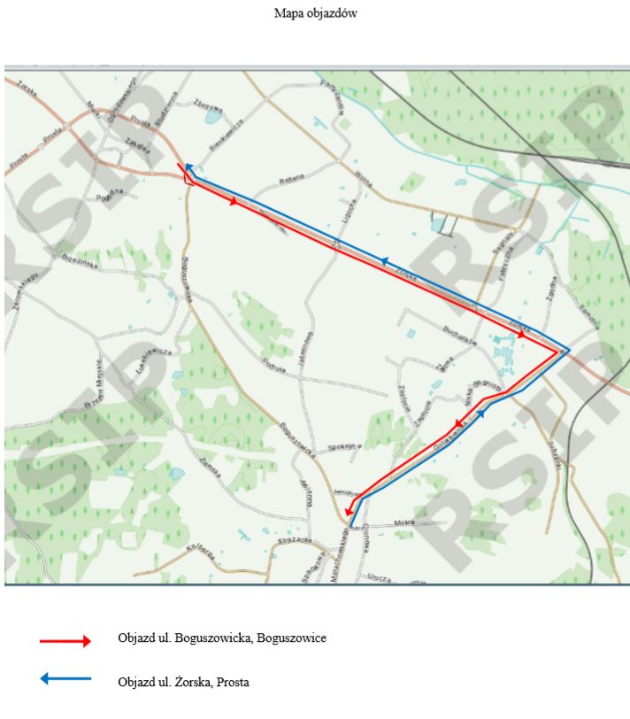 Mapa objazdu w związku z utrudnieniami, o których mowa w tekście 