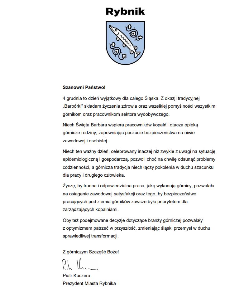 Tekst życzeń barbórkowych, u góry strony uproszczony herb miasta