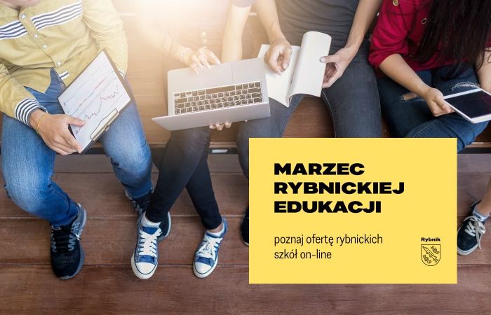Baner przedstawiający młodzież na ławce z atrybutami szkolnymi - notatnikiem, sprzętem elektronicznym - postaci widoczne z góry, od ramion w dół. Na zdjęciu czarny napis na zółtym tle. 