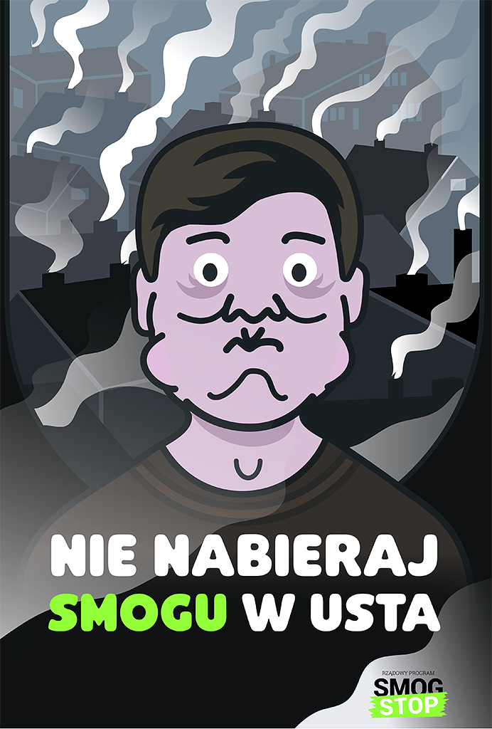 Grafika kampanii Nie nabieraj smogu w usta - mężczyzna z nadymanymi policzkami, w tle dymy z kominów, na dole hasło kampanii. 