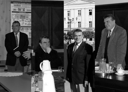 Kolaż zdjęć w odcieniach szarości przedstawiających Jerzego Frelicha w czasie pracy w rybnickim samorządzie