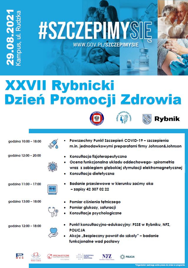 Plakat Dnia Promocji Zdrowia. U góry na niebieskim tle kolaż zdjęć ze scenami życia rodzinnego. Poniżej program wydarzenia, o którym mowa w tekście. 