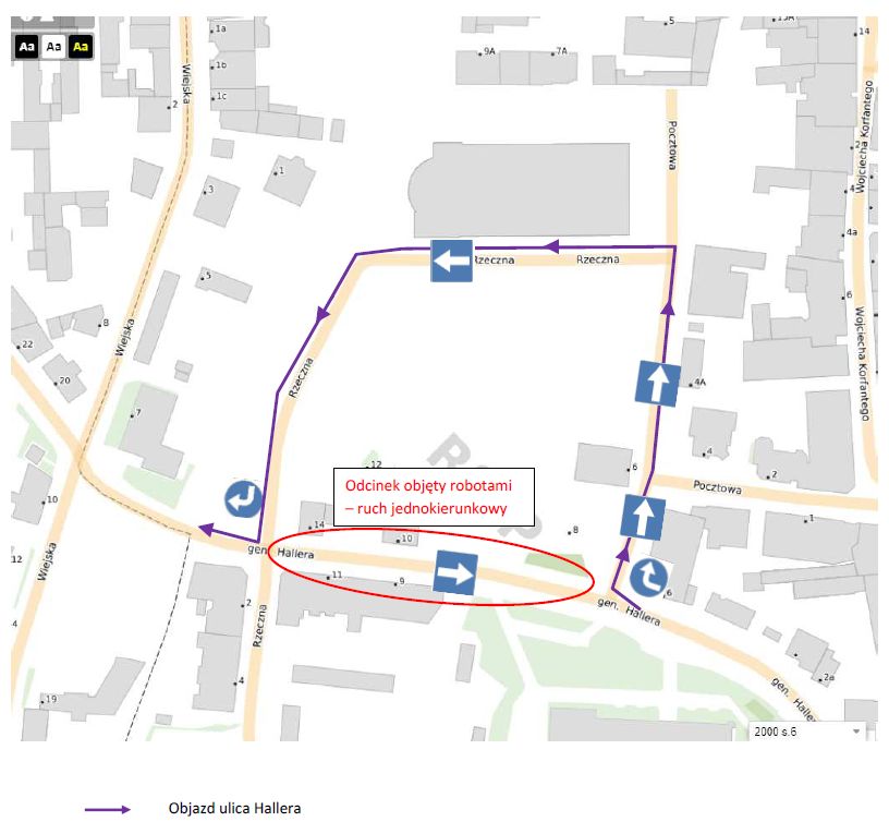 Mapa objazdu odcinka ulicy Hallera