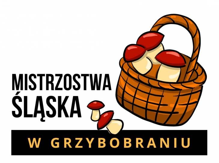 Grafika kosza z grzybami i napis Mistrzostwa Śląska w Grzybobraniu 